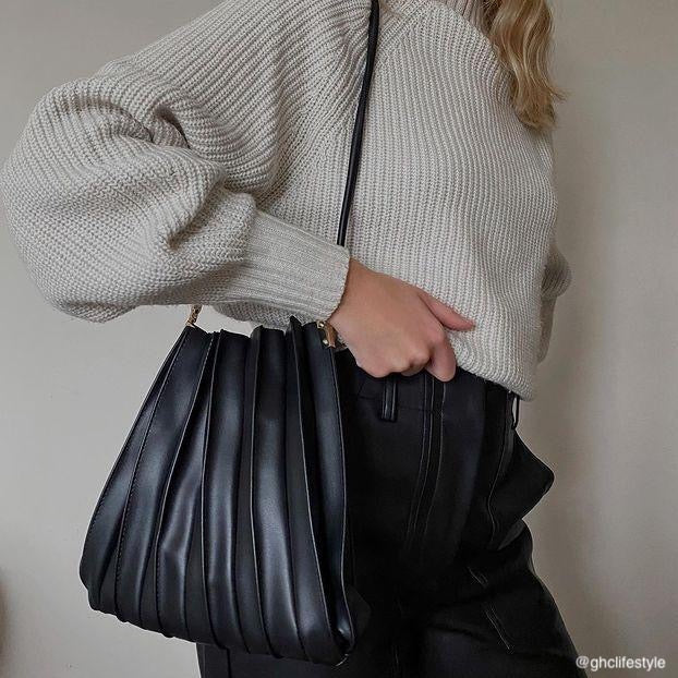 Melie Bianco Black Carrie Medium Vegan Leather Pleated Shoulder Bag