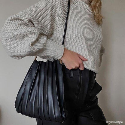 Melie Bianco Black Carrie Medium Vegan Leather Pleated Shoulder Bag