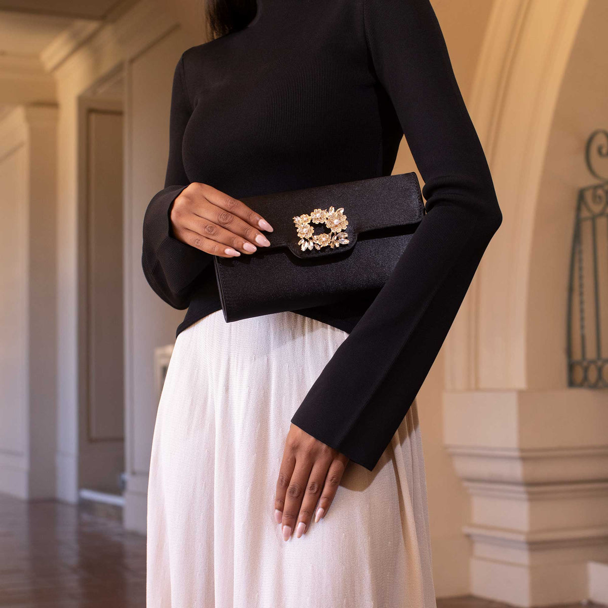 Melie Bianco Black Elodie Satin Crossbody Bag