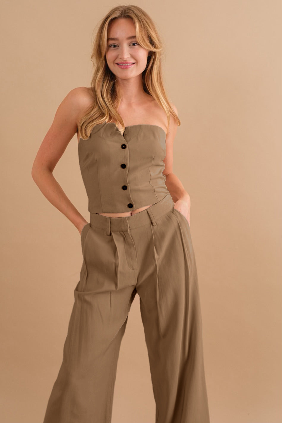 Melie Bianco Two-Piece Strapless Top & Pant Set
