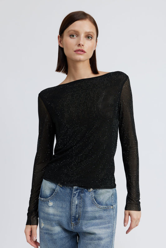 Melie Bianco Rhinestone Deep Cowl Back Top