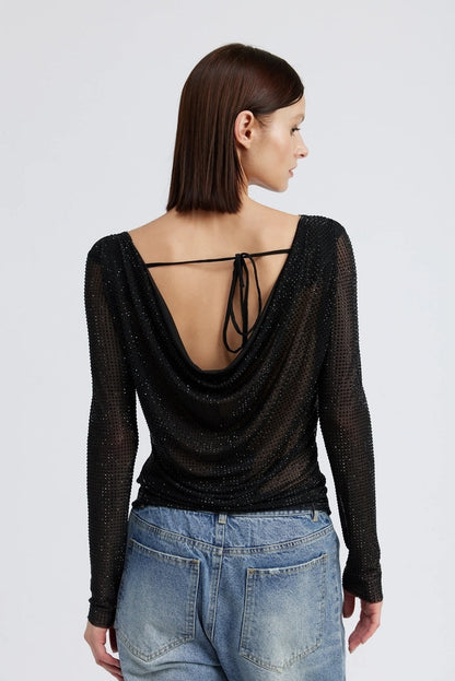 Melie Bianco Rhinestone Deep Cowl Back Top
