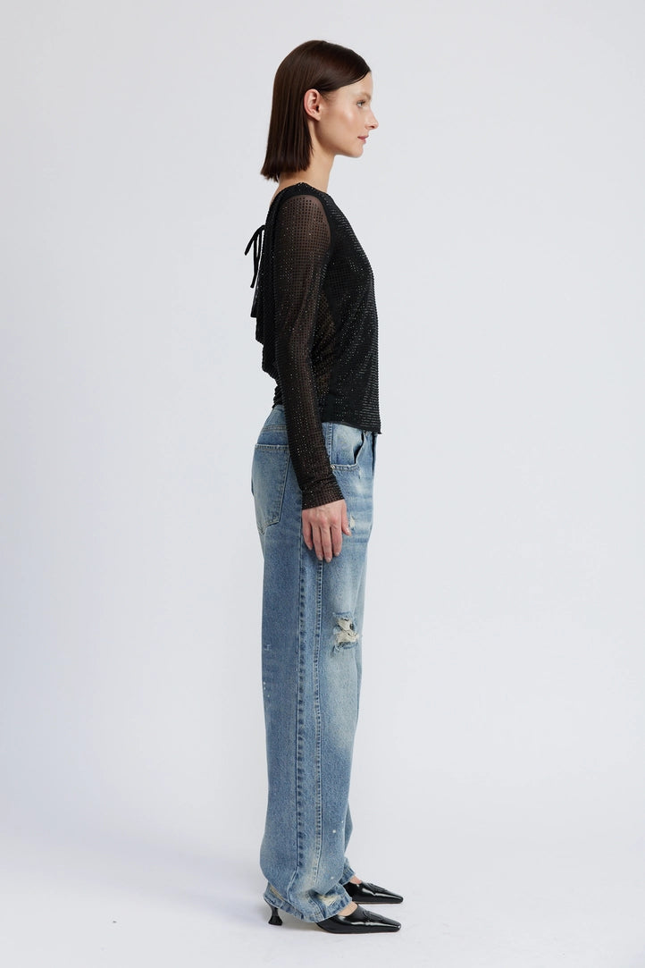 Melie Bianco Rhinestone Deep Cowl Back Top