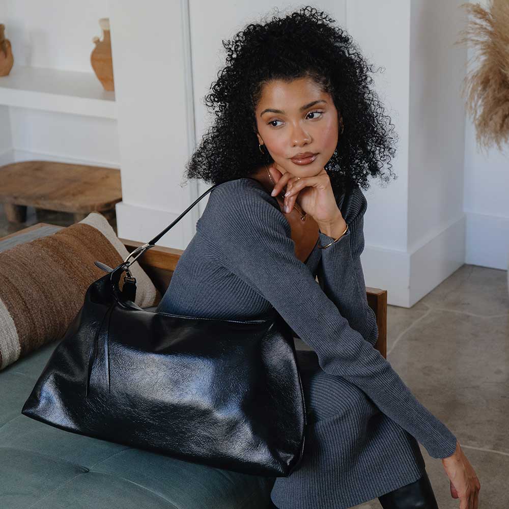 Melie Bianco Black Charlie Large Crinkly Recycled Vegan Leather Tote Bag