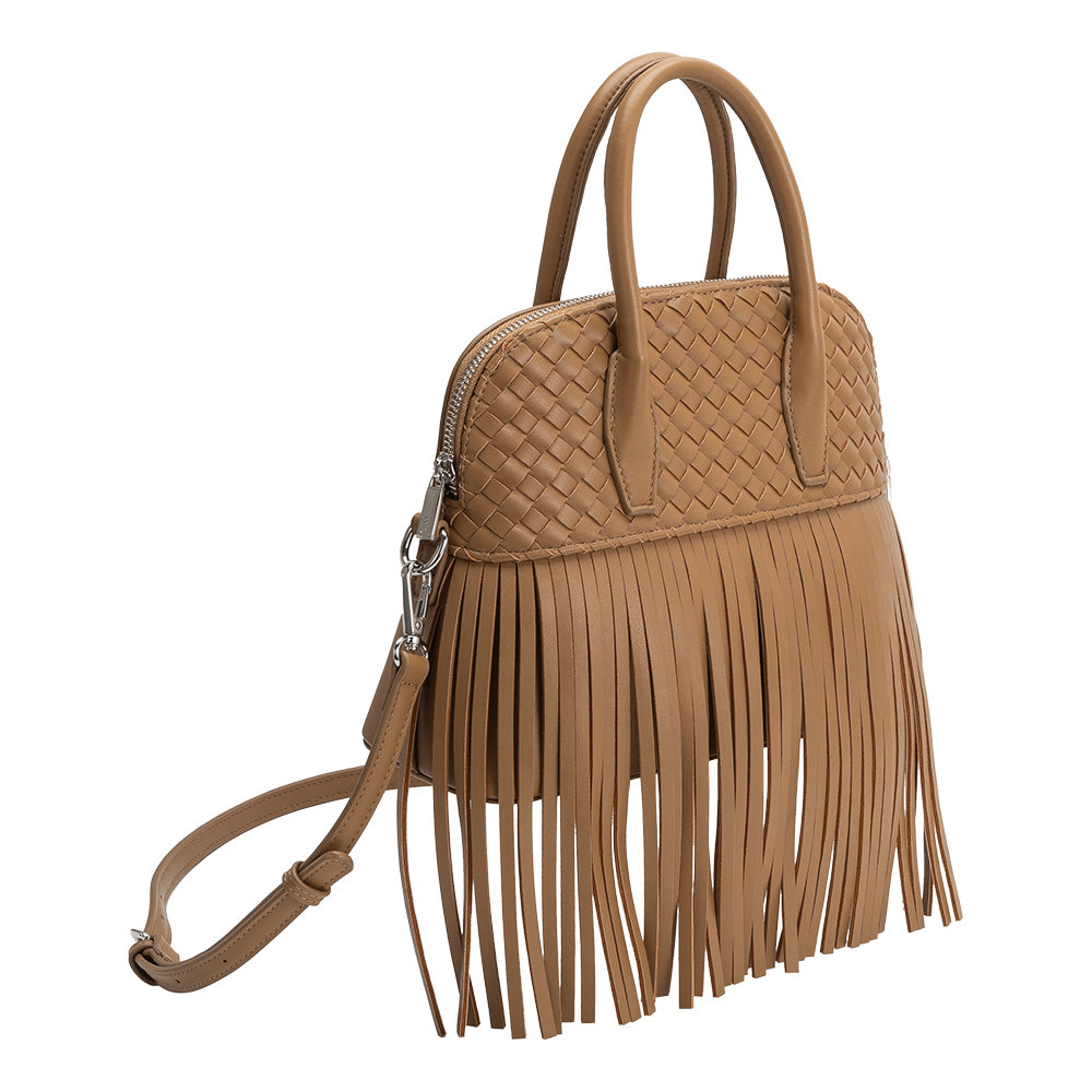 Melie Bianco Mocha Halle Fringe Recycled Vegan Leather Top Handle Bag