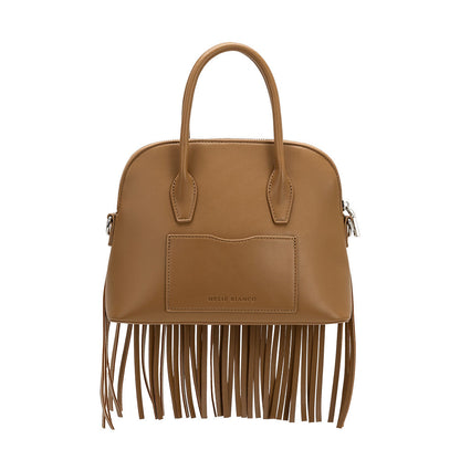 Melie Bianco Mocha Halle Fringe Recycled Vegan Leather Top Handle Bag