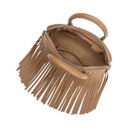 Melie Bianco Mocha Halle Fringe Recycled Vegan Leather Top Handle Bag