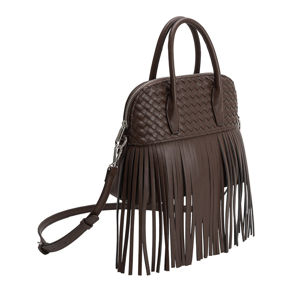 Melie Bianco Espresso Halle Fringe Recycled Vegan Leather Top Handle Bag