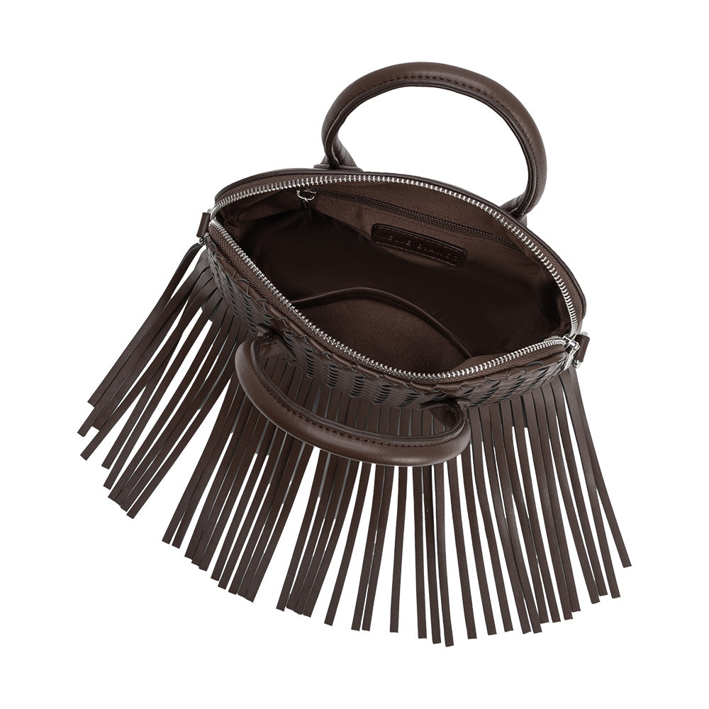 Melie Bianco Espresso Halle Fringe Recycled Vegan Leather Top Handle Bag