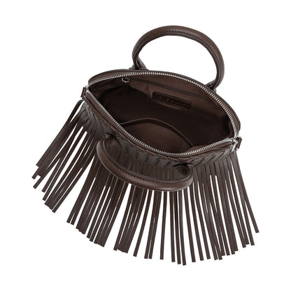 Melie Bianco Espresso Halle Fringe Recycled Vegan Leather Top Handle Bag