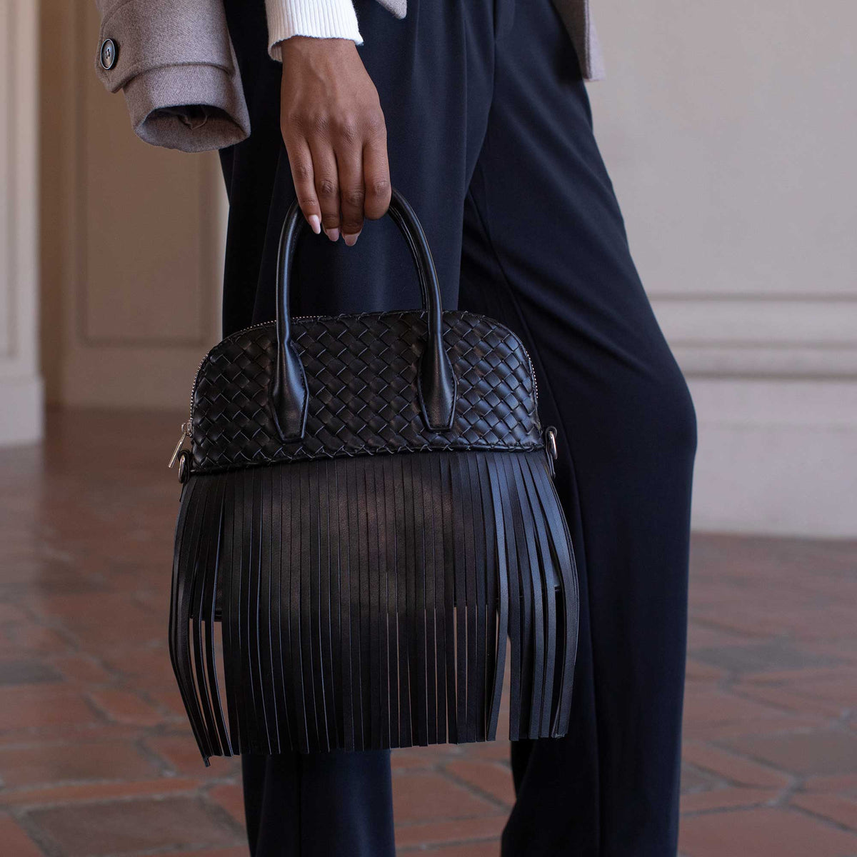 Melie Bianco Espresso Halle Fringe Recycled Vegan Leather Top Handle Bag
