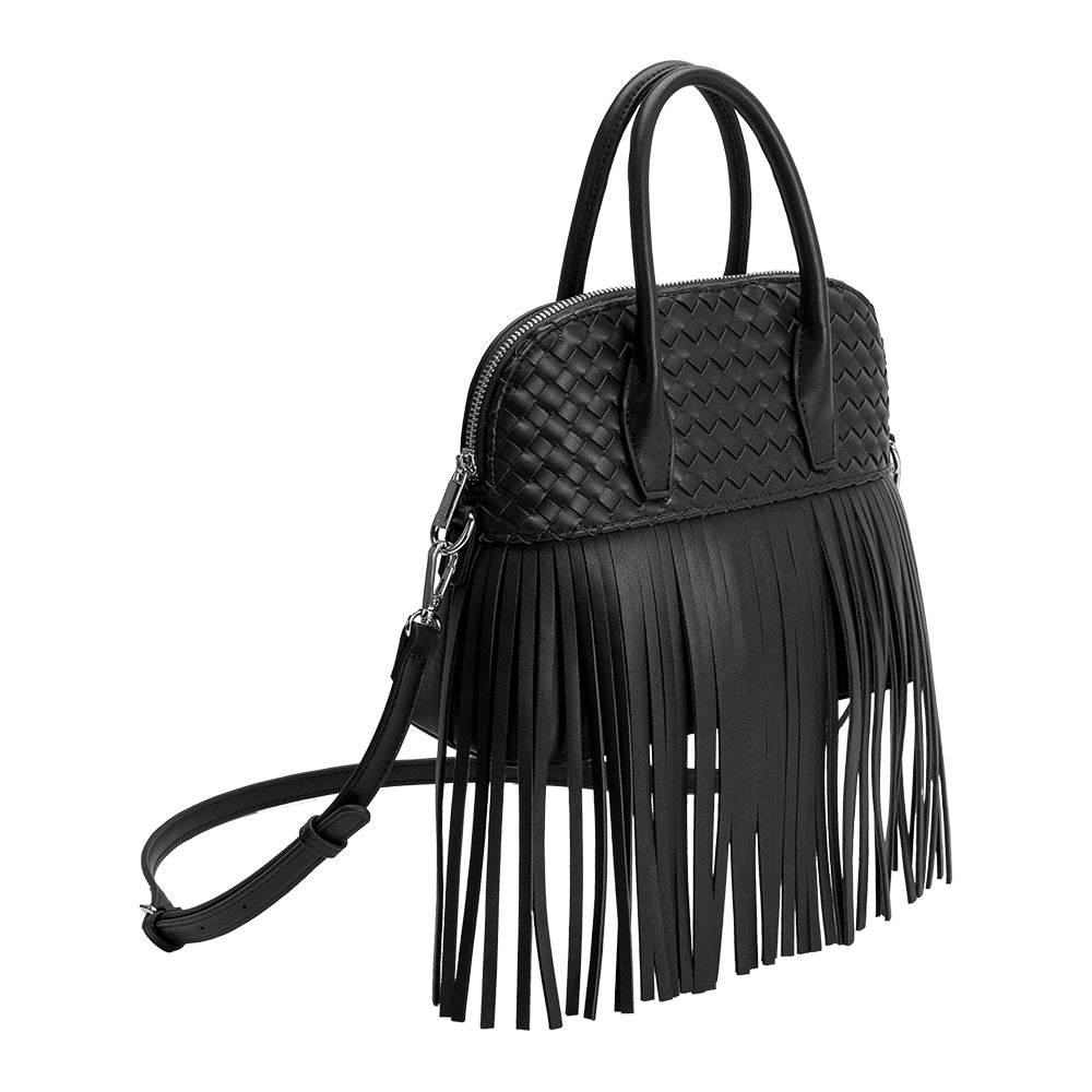 Melie Bianco Black Halle Fringe Recycled Vegan Leather Top Handle Bag
