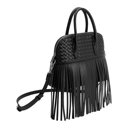 Melie Bianco Black Halle Fringe Recycled Vegan Leather Top Handle Bag