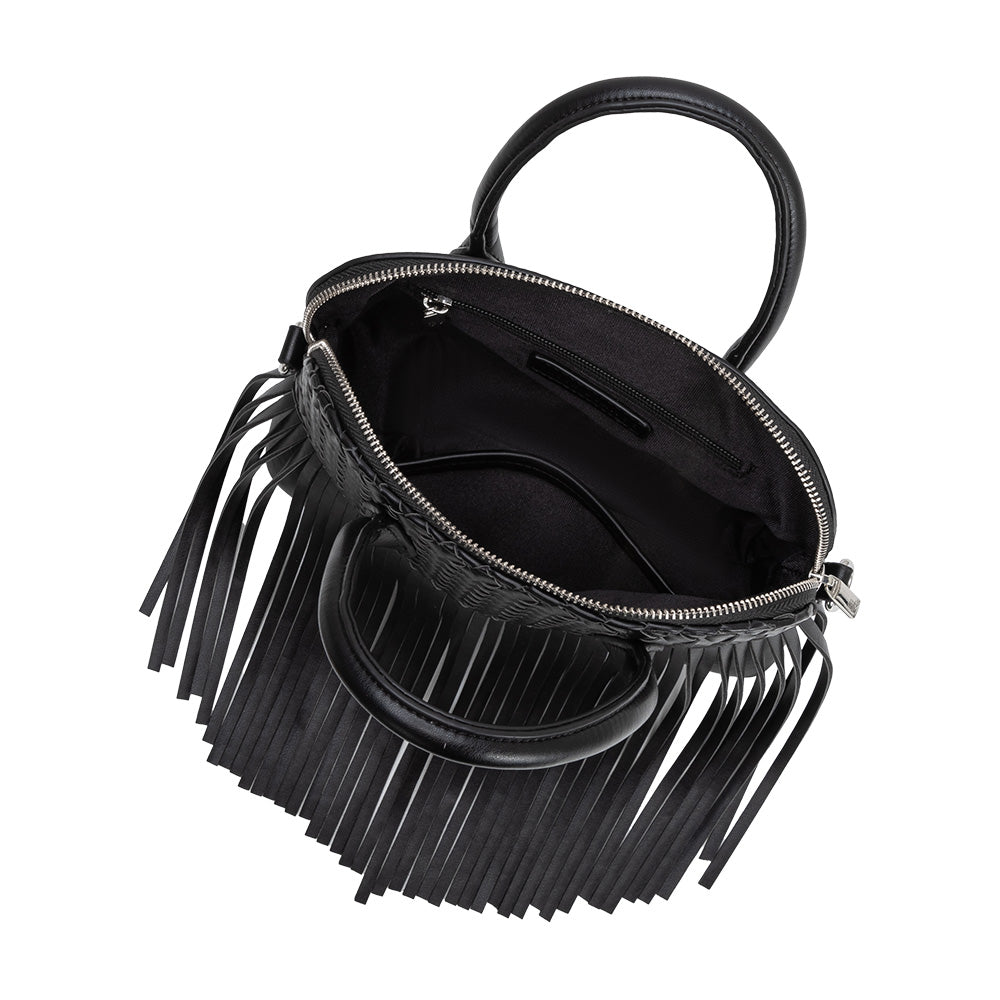 Melie Bianco Black Halle Fringe Recycled Vegan Leather Top Handle Bag