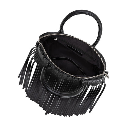 Melie Bianco Black Halle Fringe Recycled Vegan Leather Top Handle Bag