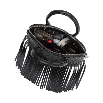 Melie Bianco Black Halle Fringe Recycled Vegan Leather Top Handle Bag