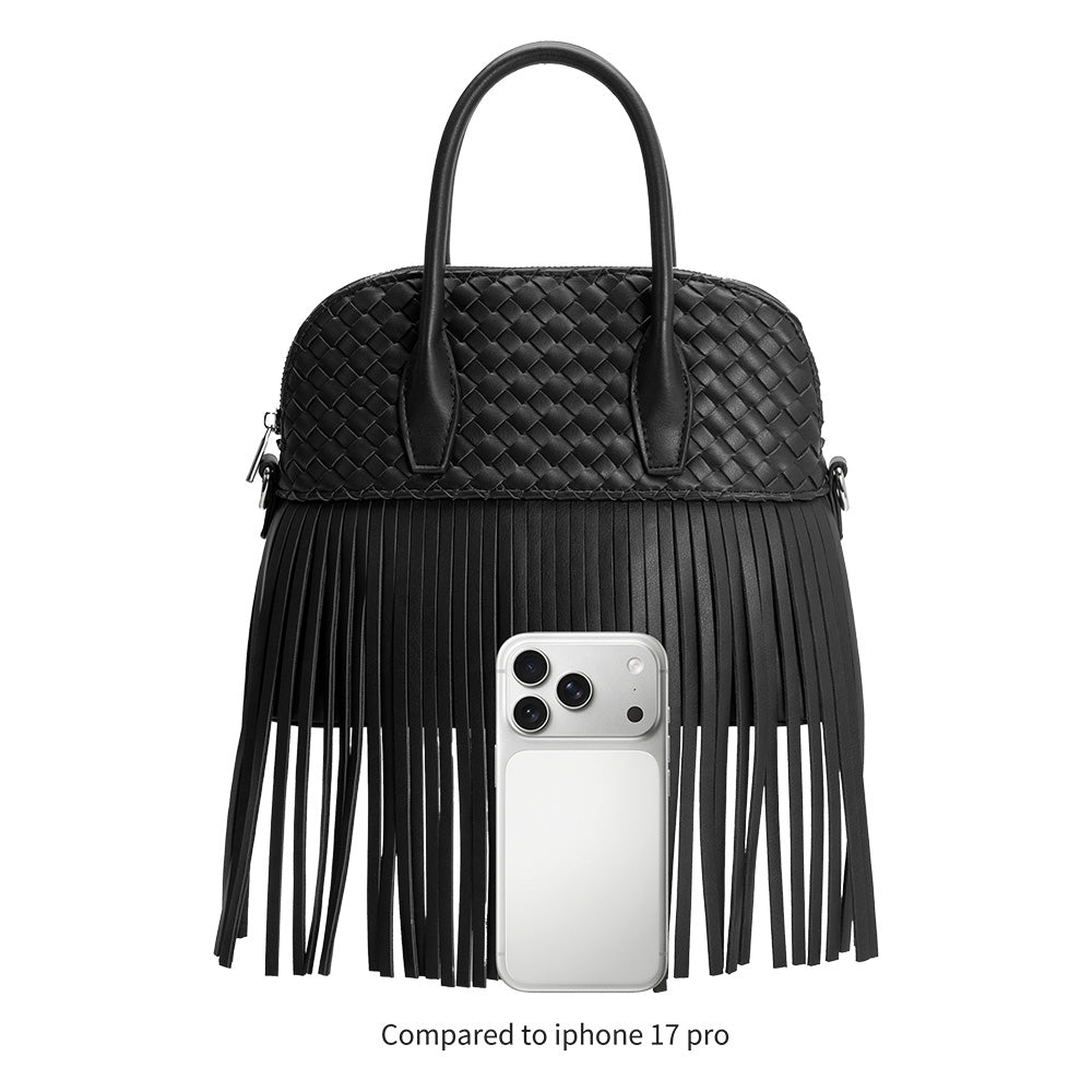 Melie Bianco Black Halle Fringe Recycled Vegan Leather Top Handle Bag