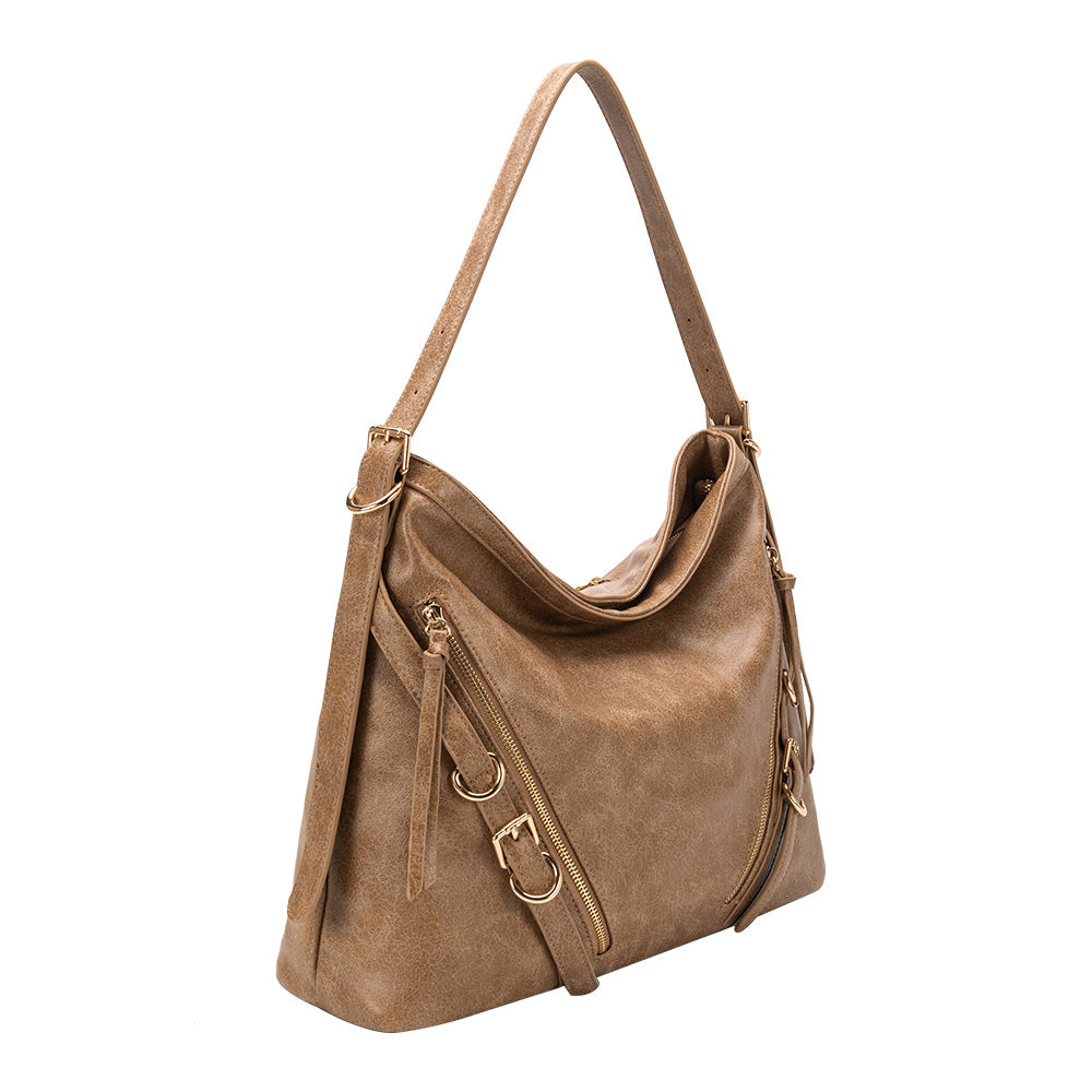 Melie Bianco Tan Sloane Distressed Recycled Vegan Leather Shoulder Bag