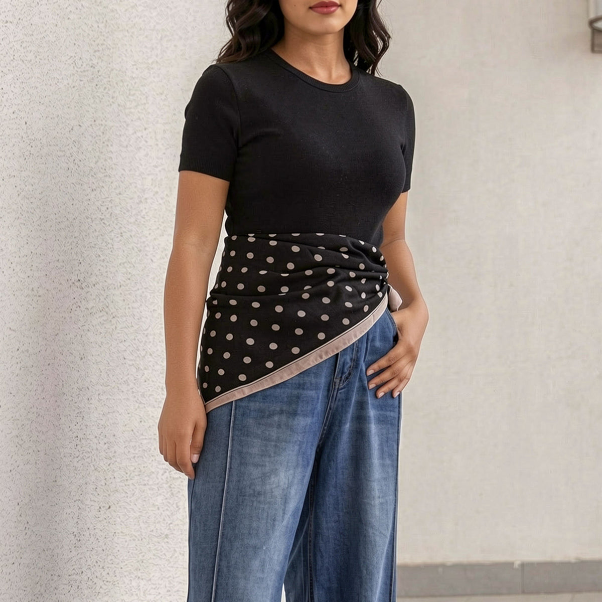 Melie Bianco Black Polka Dot Square Scarf