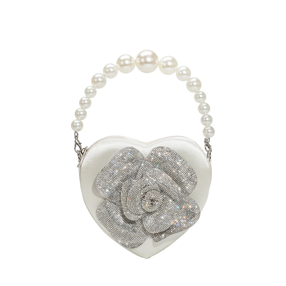Melie Bianco White Mila Satin Heart Pearl Crossbody Bag | Melie BIanco