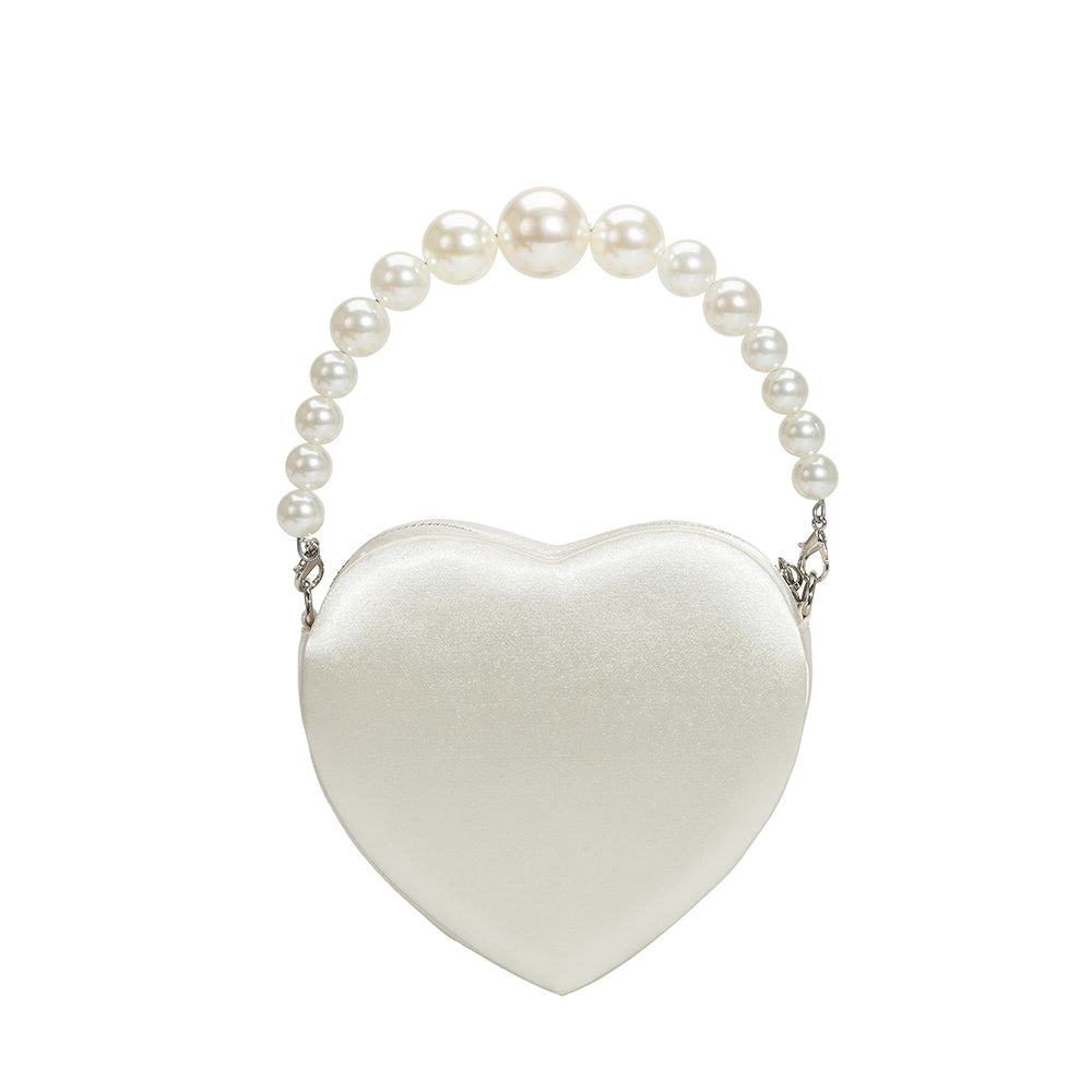 Melie Bianco White Mila Satin Heart Pearl Crossbody Bag | Melie BIanco