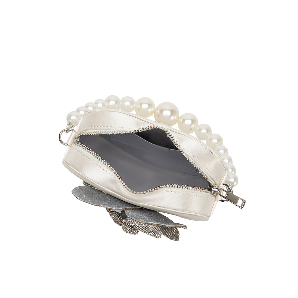 Melie Bianco White Mila Satin Heart Pearl Crossbody Bag | Melie BIanco