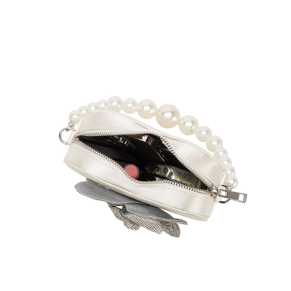 Melie Bianco White Mila Satin Heart Pearl Crossbody Bag | Melie BIanco