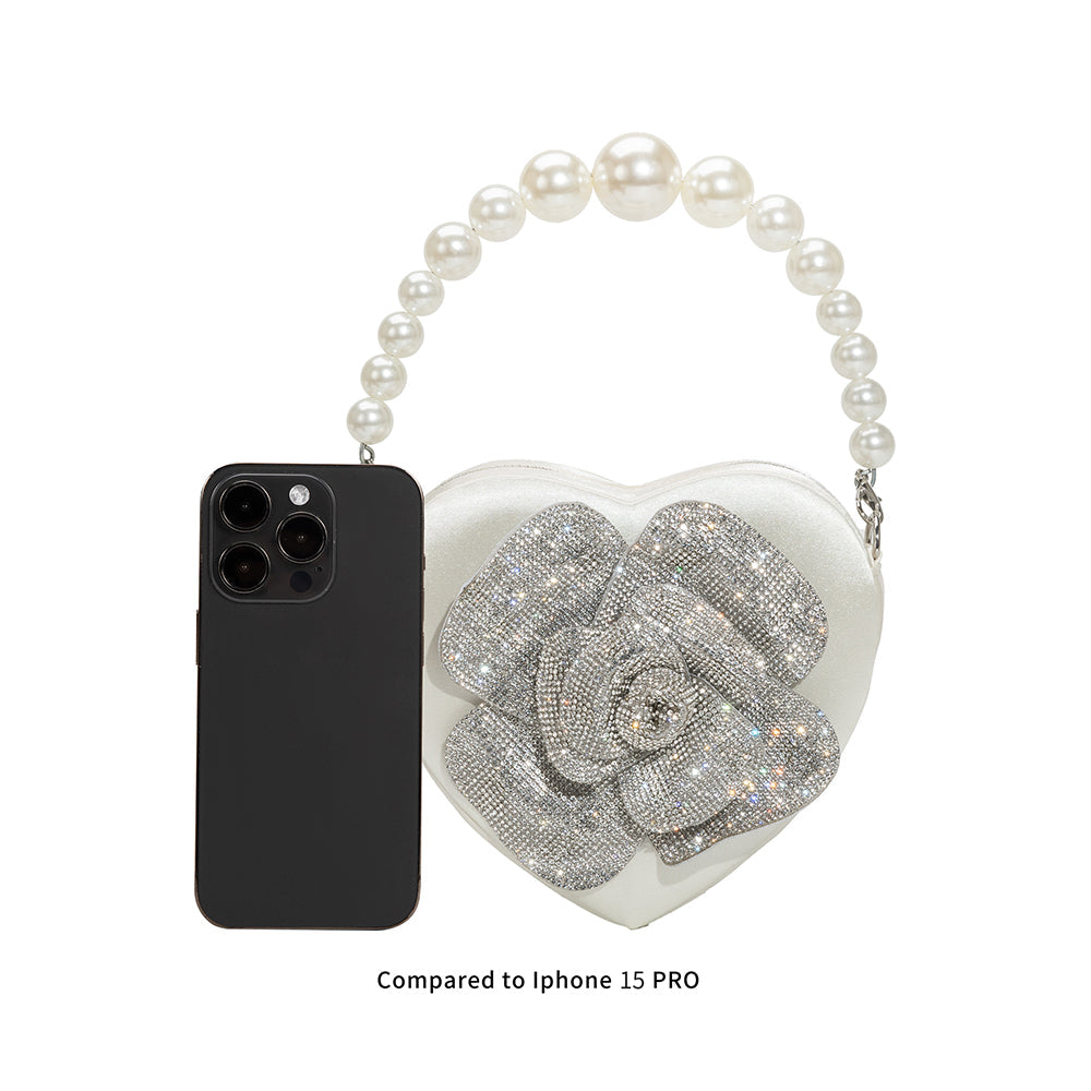 Melie Bianco White Mila Satin Heart Pearl Crossbody Bag | Melie BIanco