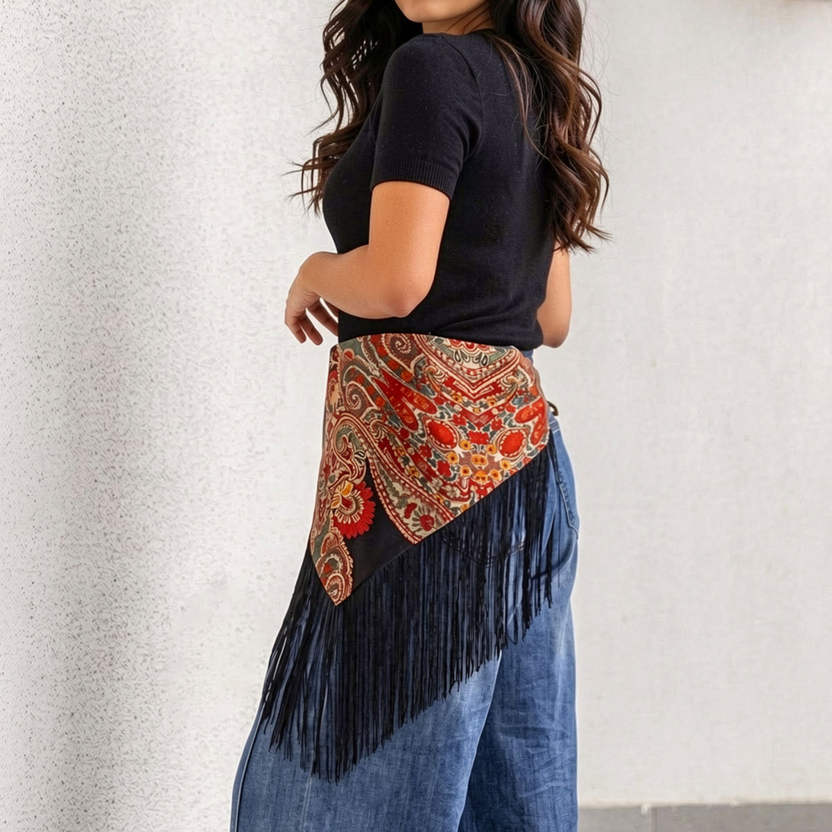 Melie Bianco Black Paisley Fringe Belt