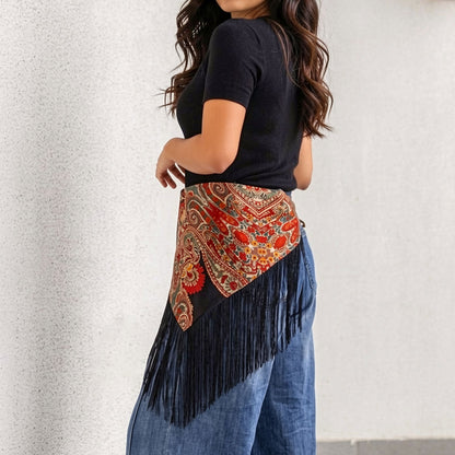 Melie Bianco Black Paisley Fringe Belt